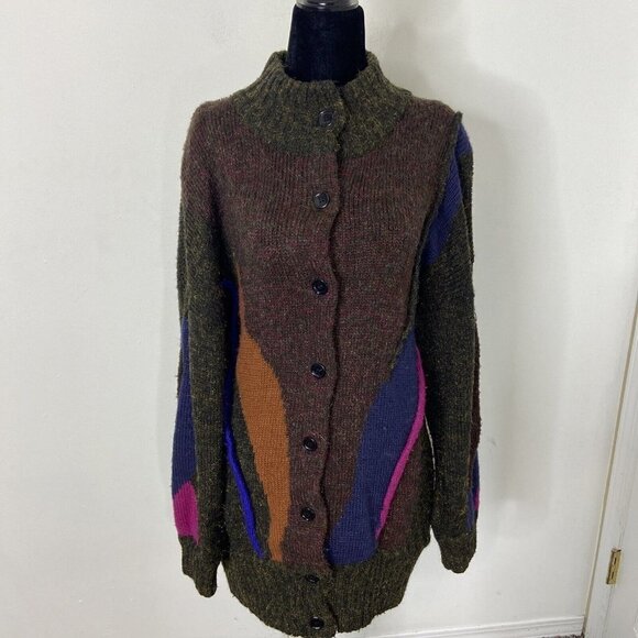 Vintage Hudson Bay 80s Wool Knit Long Textured Cardigan 3D Textured Mod Loud L - Picture 1 of 10